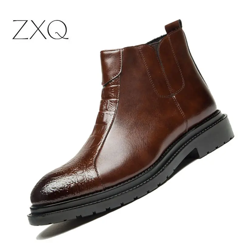 

Imitation Crocodile Leather Fashion Winter Men Snow Boots Vintage With Zipper Waterproof Men Formal Ankle Boots Luxury Men Shoes
