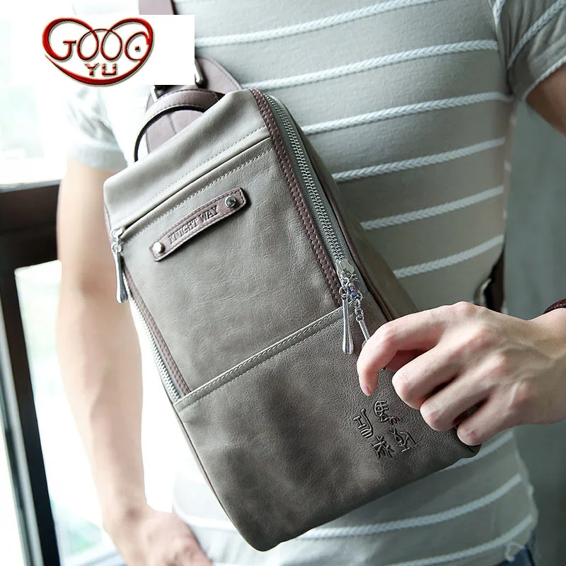 

Men's multi-functional fashion chest top leather casual Messenger bag retro tide men vertical section square leather handbag