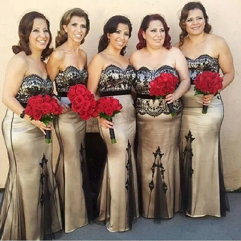 Sexy Satin Black Lace Mermaid Long Group Bridesmaid Dresses Gold Off