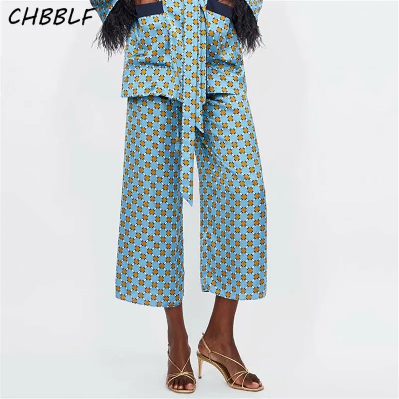 

CHBBLF women vintage dot print wide leg pants Drawstring tie elastic waist ladies streetwear casual trousers XDL1498