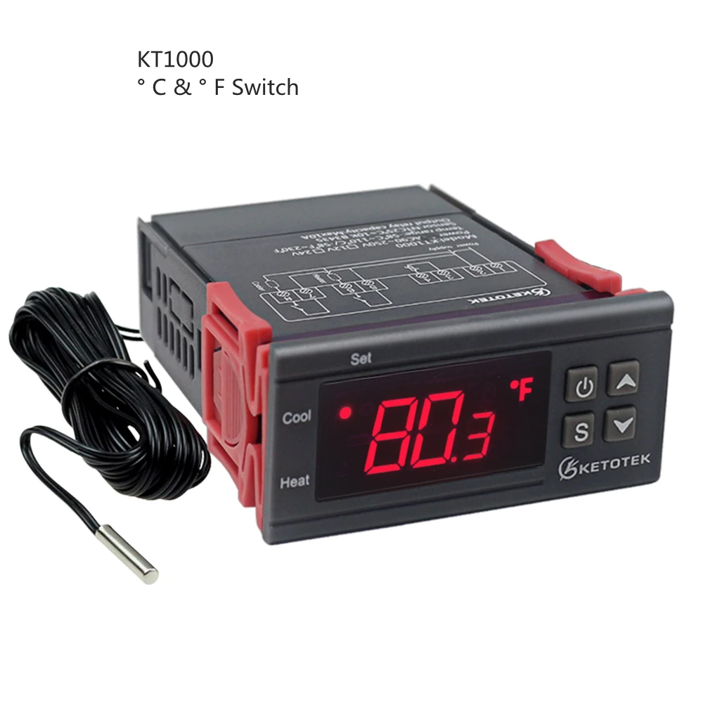 KT1000 12 В 24 В 220 В цифровой регулятор температуры 10A C/F два реле инкубатора термостат с нагревателем и охладителем
