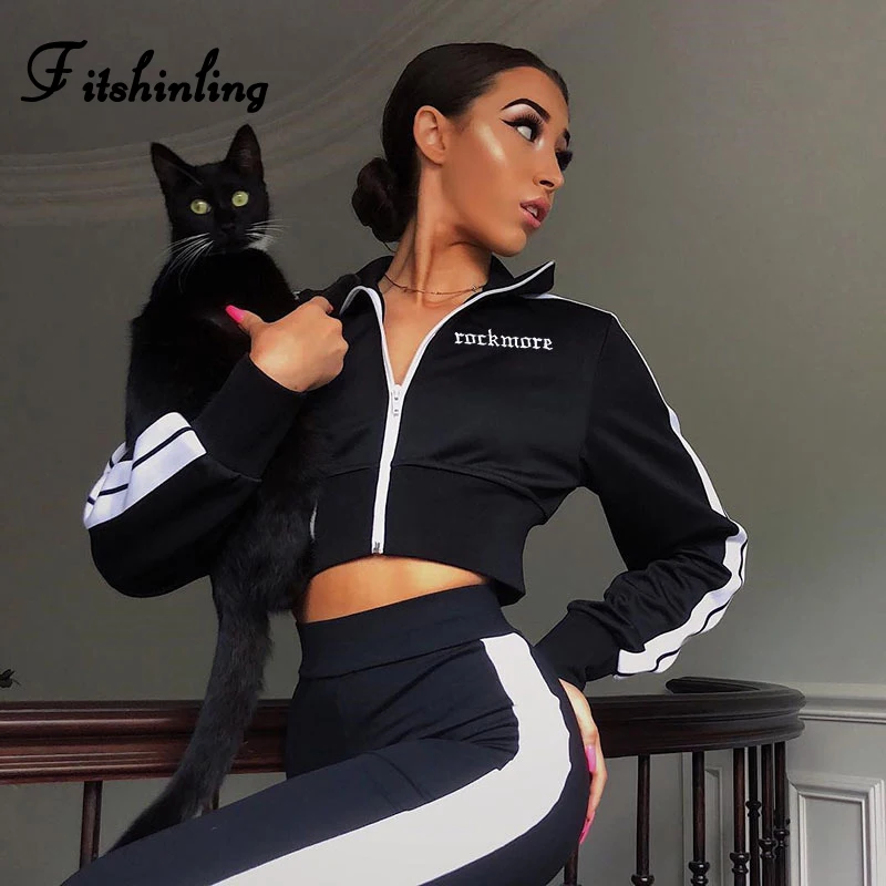 Fitshinling 2018 Athleisure baseball jacket female coat striped embroidery letter black winter coats women clothing outerwear