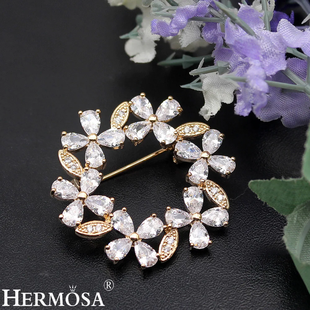 HERMOSA JEWELRY Exquisite Zircon Flower Design Brooch For Women Yellow