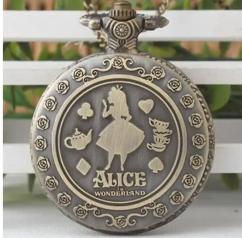 

Vintage Copper Pocket Watch Alice in Wonderland Cut Pattern Fashion Modern Flower Retro Necklace Women Kids Birthday Xmas Gifts