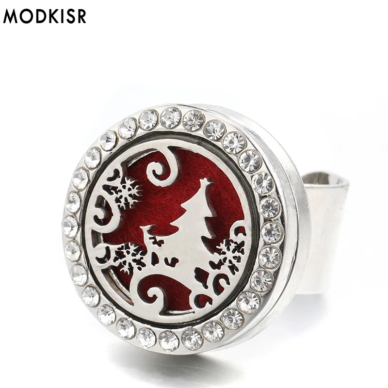 

MODKISR Wholesale Stainless Steel Christmas Tree 25mm Trendy Aromatherapy Essential Oil Diffuser Women Rings Jewelry Female Ring