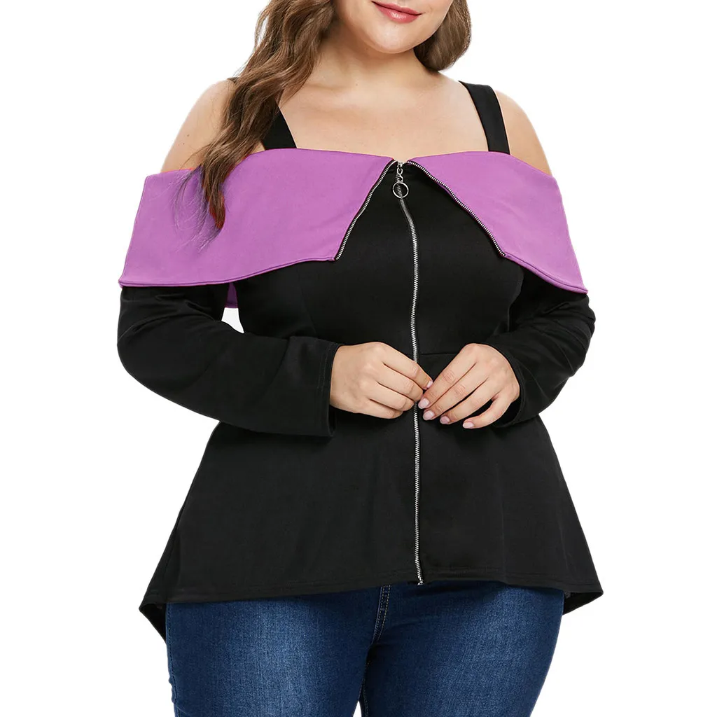 Женская рубашка большого размера с открытыми плечами на молнии с длинным рукавом, топы, блузки, блузки Lange Mouwen размера плюс - Цвет: Purple
