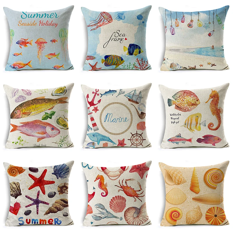 

Square Sea Animals Cushion Cover Linen Cotton Sofa Decor Throw Pillow Cover Shells Fish Seahorse Printed Bedroom Pillow Case