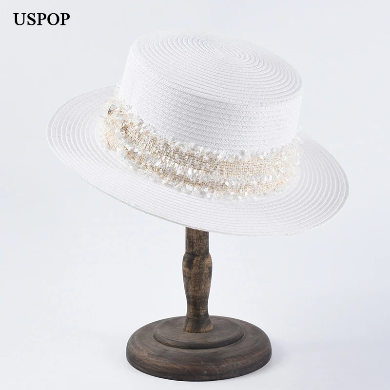 

USPOP 2019 sun hats for women white straw hats Letter M french style vintage flat top summer hats beach hat