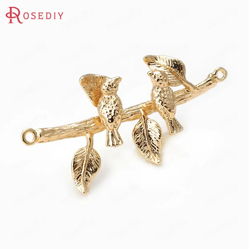 

(D462)6 pieces 16.5x34mm 24K Champagne Gold Color Plated Brass 2 holes Tree Branches and Birds Charms Pendants High Quality