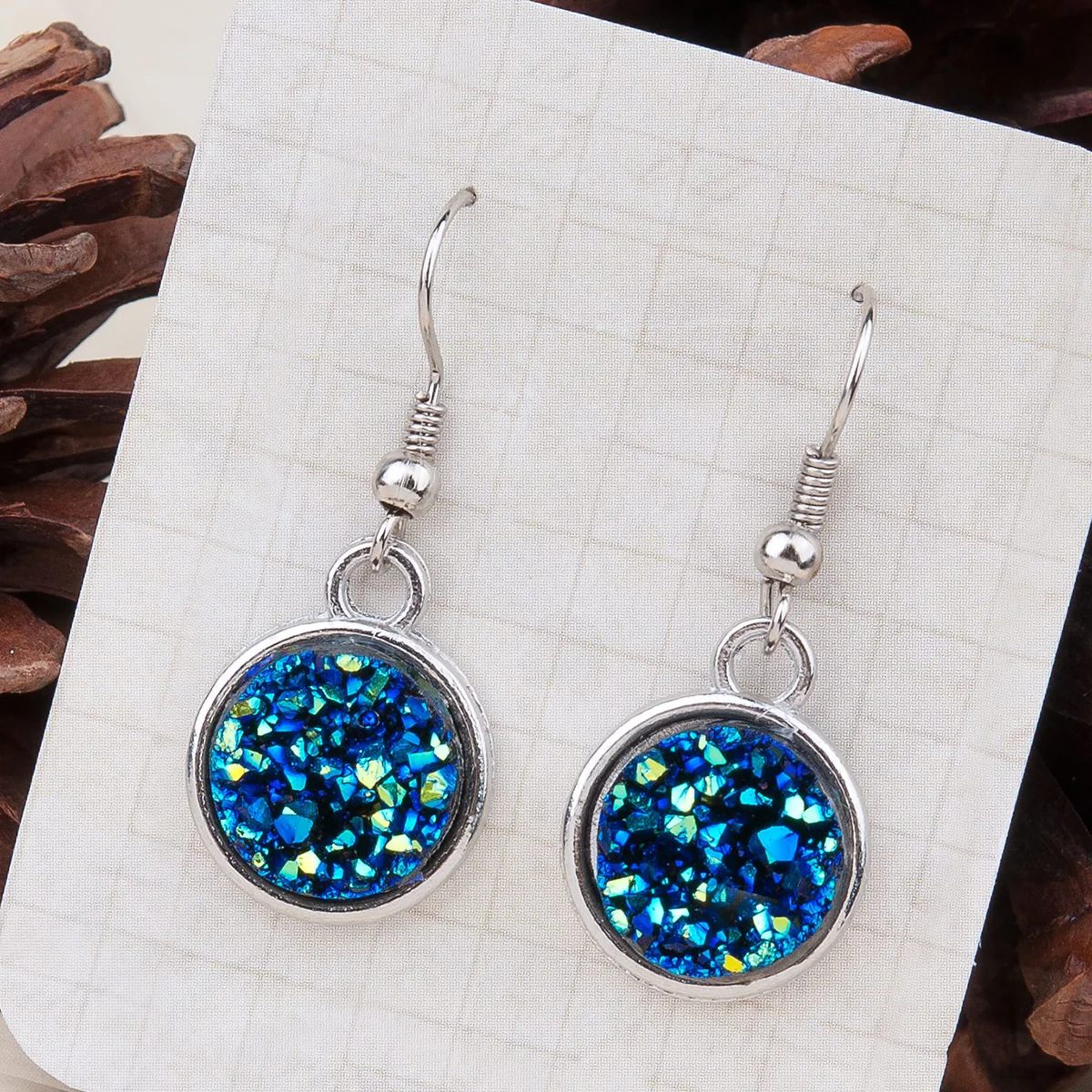 

Druzy Silver Alloy Dangle Earrings Set Silver Grey Matted Round Resin Patch Round Tray Earrings For Women Jewelry Gift New
