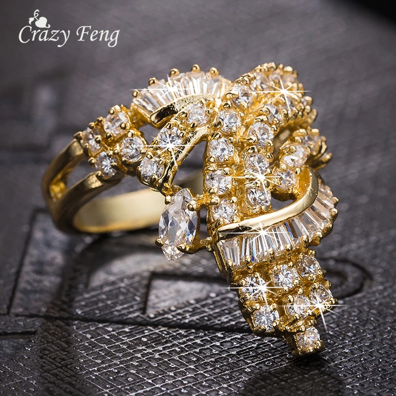Fashion Jewelry Luxury Gold-color Crystal Geometric Shape Bridal Engagement Wedding Ring For Women Cubic Zirconia Jewelry Rings