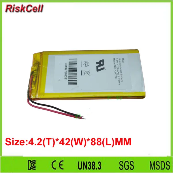 

Free shipping 100pcs/lot 3.7V 1700mAh Polymer Li Battery Lipo For GPS iPod Power bank Tablet PC 424288