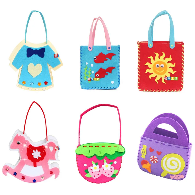 Non-Woven Fabric DIY Sewing Handbag Children Craft Toy Cartoon Animal Flower Handmade Sewing Bag Educational Toys Kids Gift 6Pcs educational toys,sewing bags kit
