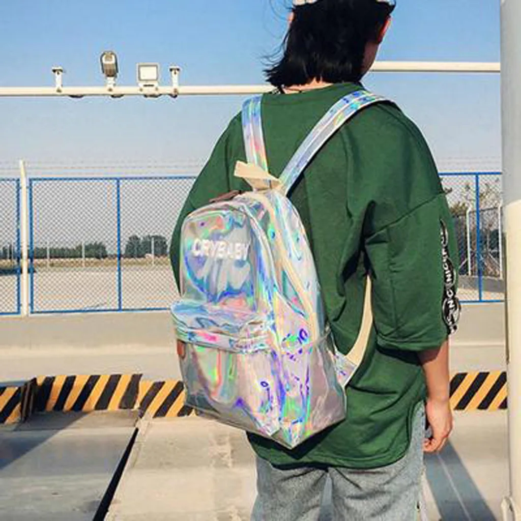 

Laser Backpack for Women Fashion Leather Large Capacity Holographic School Bookbag High Quality Solid Bag Simple Phone Pocket
