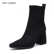 2019 Fashion New Woman Autumn Winter Boots High Heels Women Leather Ankle Boots Sexy Square Toe Suede Leather Boots Women Shoes new suede leather women 7cm high heels boots woman spring autumn ankle boots woman ladies dress shoes size 42 black gray khaki