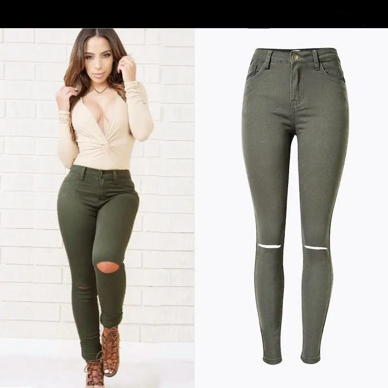 PADAUNGY High Waist Torn Jeans Ripped Jeggings Ankle Holes Army PADAUNGY High Waist Torn Jeans Ripped Jeggings Ankle Holes Army Green Pencil Trousers Jardineira Feminina Slim Fit Jean Taille-in Jeans from Women's ... - PADAUNGY High Waist Torn Jeans Ripped Jeggings Ankle Holes Army