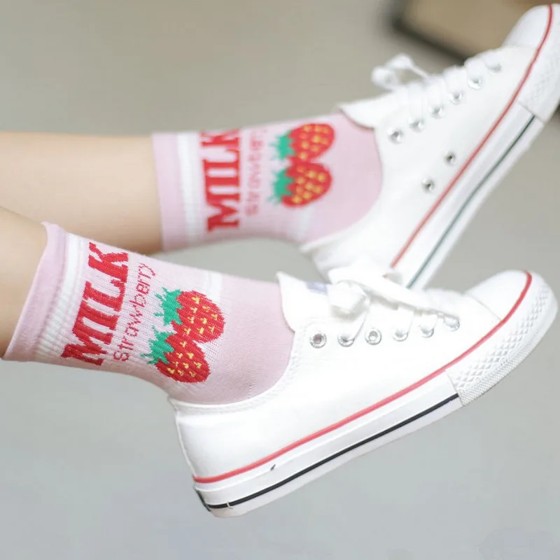 Pile Heap Milk Women Pink Socks Cotton Cartoon Fruit Print Cute Socks Meias Korean Harajuku Style with Cow Strawberry Banana 39