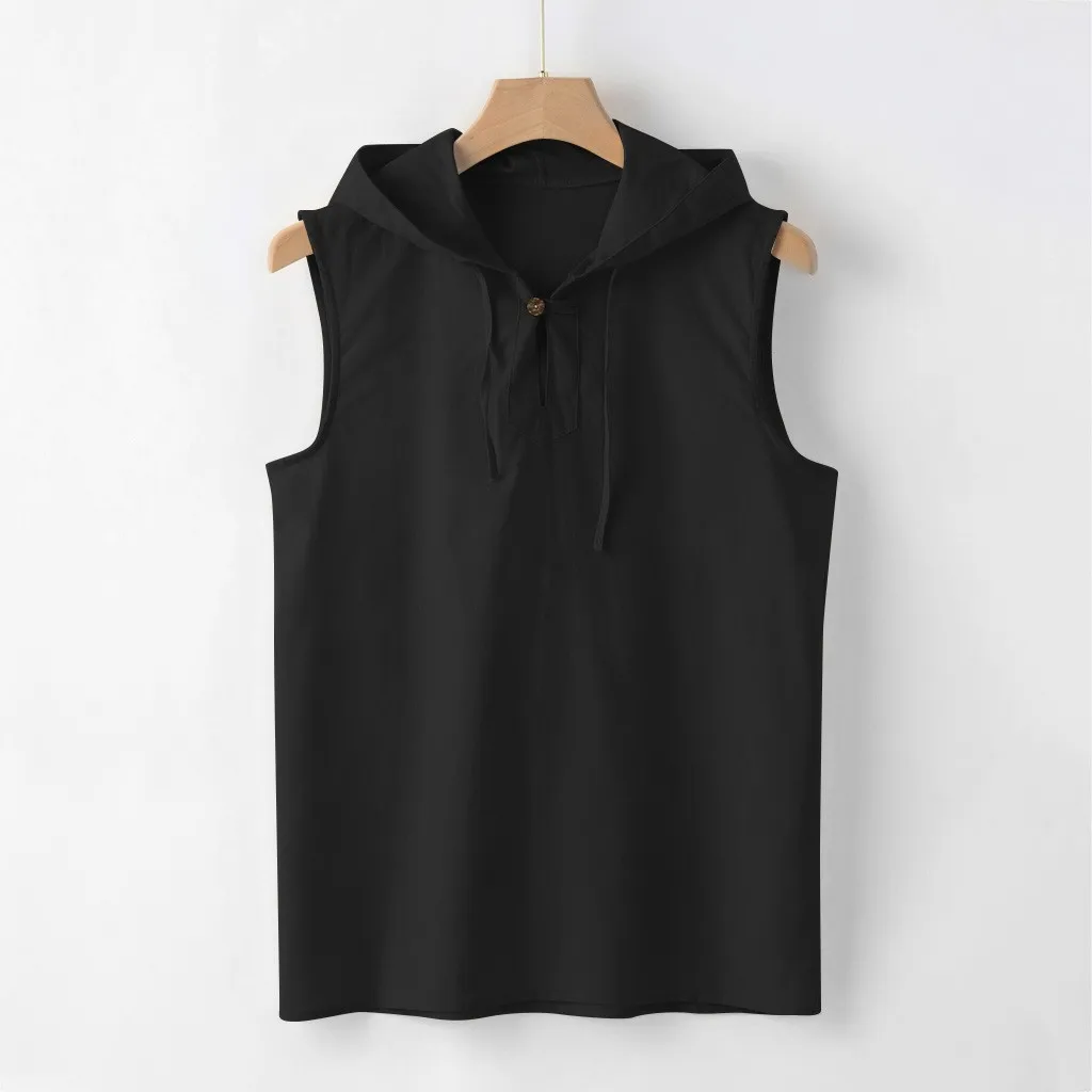 Men's Baggy Cotton Linen Solid Button Beach Sleeveless Hooded Shirt Tank Tops