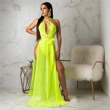 

Women summer mesh beach dress swimsuit cover ups sexy see through backless swimwear high split maxi dress beach wear