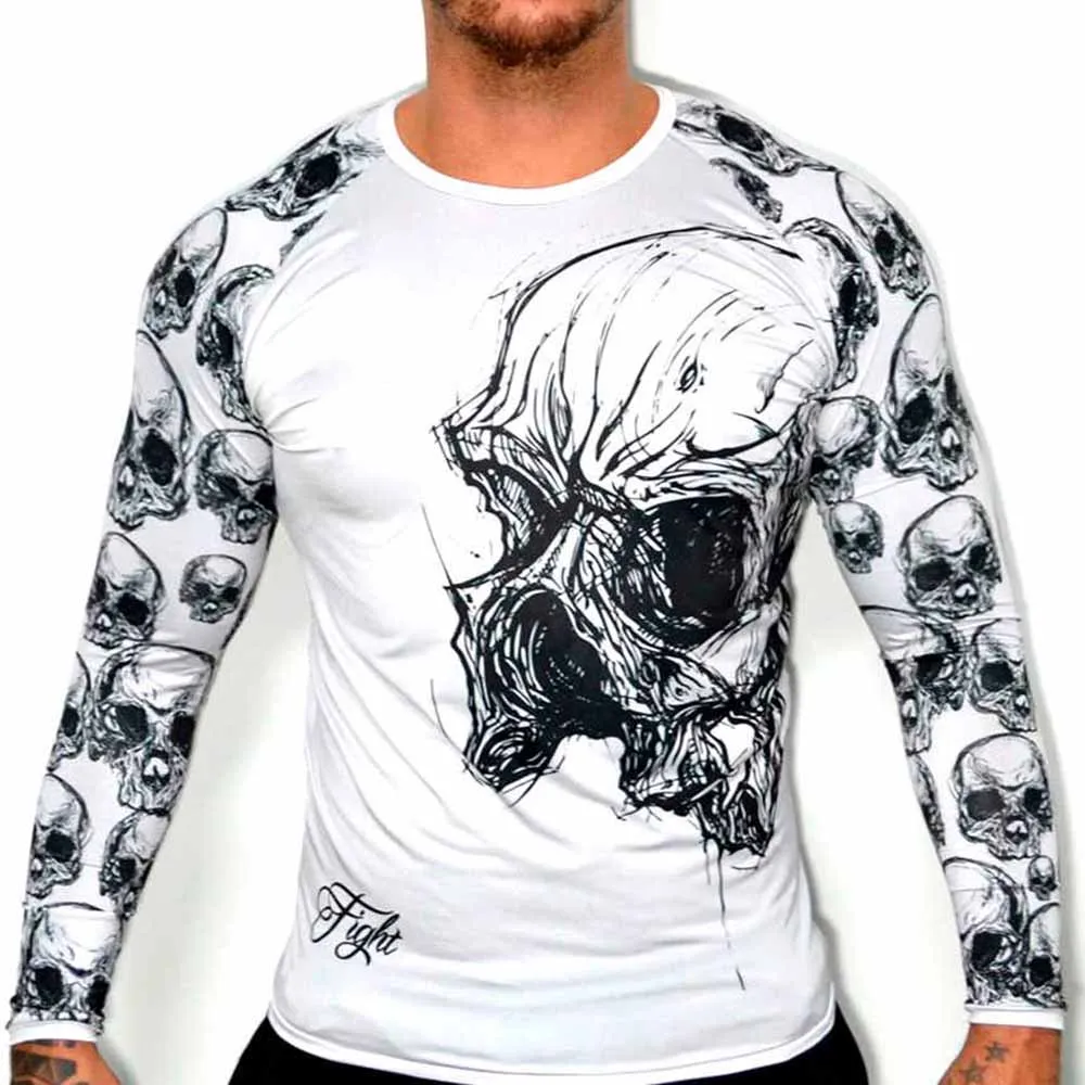 

2019 Skull Sublimated Print Kickboxing Muay Thai Rashguards Men Boxing Jerseys Bjj Jiu Jitsu White Rash Guards Mma GI Gym Shirts