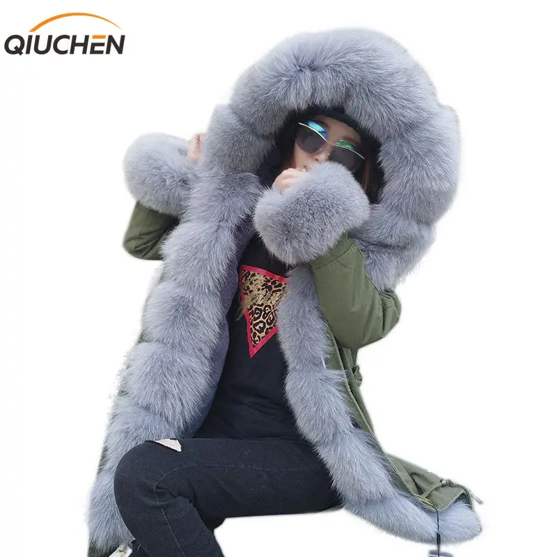QIUCHEN PJ6007 парка с натуральным мехом лисы капюшоном и планкой Длинная модель
