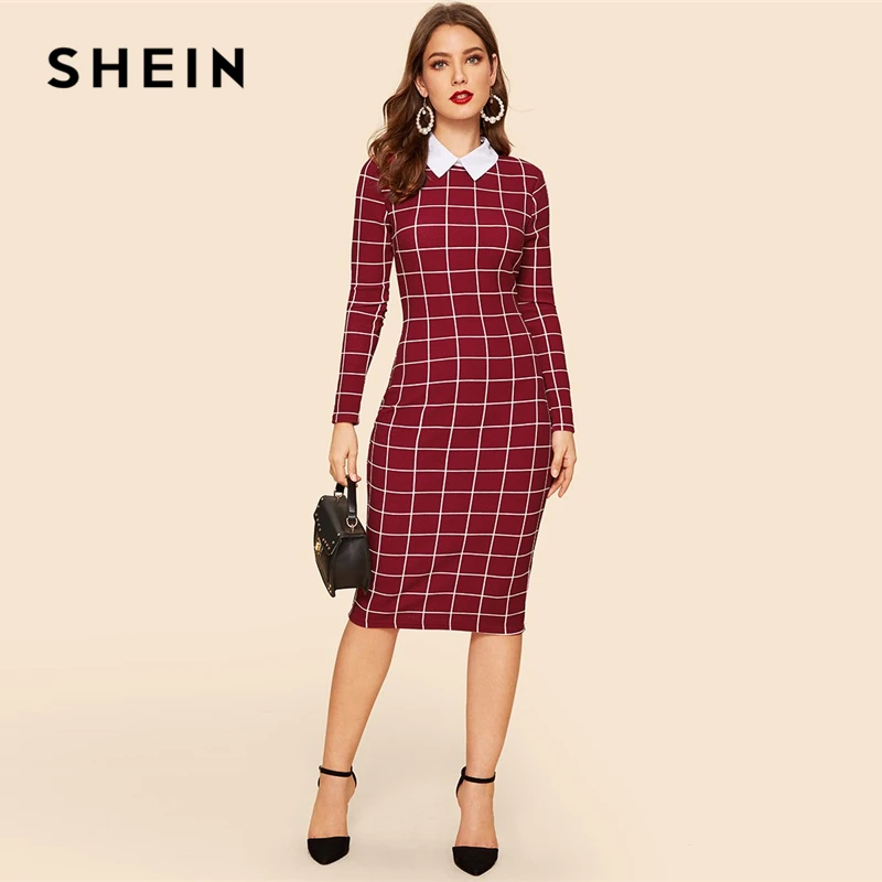 SHEIN Burgundy Grid Print Collar Dress Vintage Knee Length Pencil