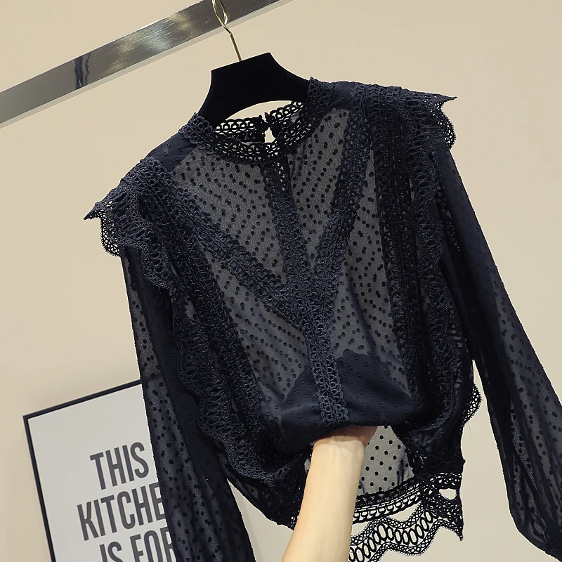 

Elegant Lace Crochet Blouse Womens Shirt Black Wave Point See-through Tops Office Style Blouses