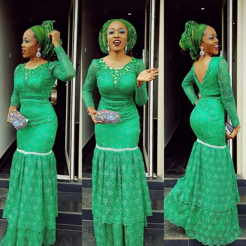 Custom Plus Size Green Mermaid Evening Gowns Long Sleeves Lace Crystal Nigerian Prom Gowns Aso Ebi Women Formal Party Wear128