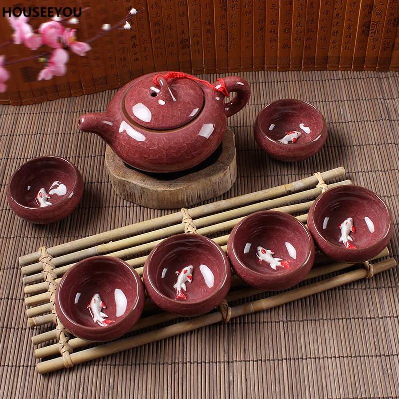 Чайные наборы, 7 шт./лот, разные цвета, ледяная глазурь, 3D чайный топ с карпом, Фиолетовый Глиняный чайный набор, творческие подарки для дома, год