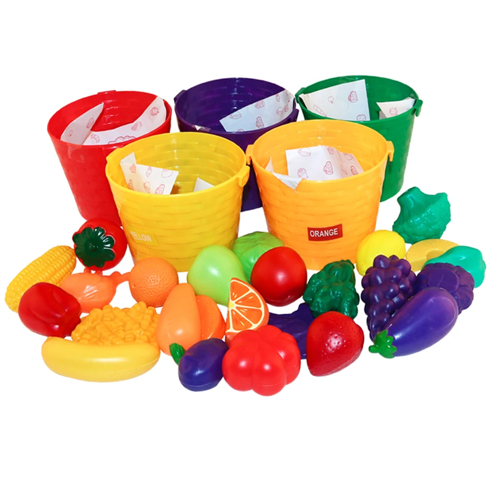  Pretend Role Play 25 Pieces Fruits Vegetables & 5 Baskets Farmer's Market Color Sorting Children Early Learning Cognition Toy