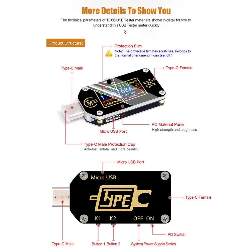 Tc66/tc66c тип-c Pd триггер usb-c Вольтметр Амперметр Напряжение 2 способ измеритель тока мультиметр Pd зарядное устройство батарея Usb тестер B4
