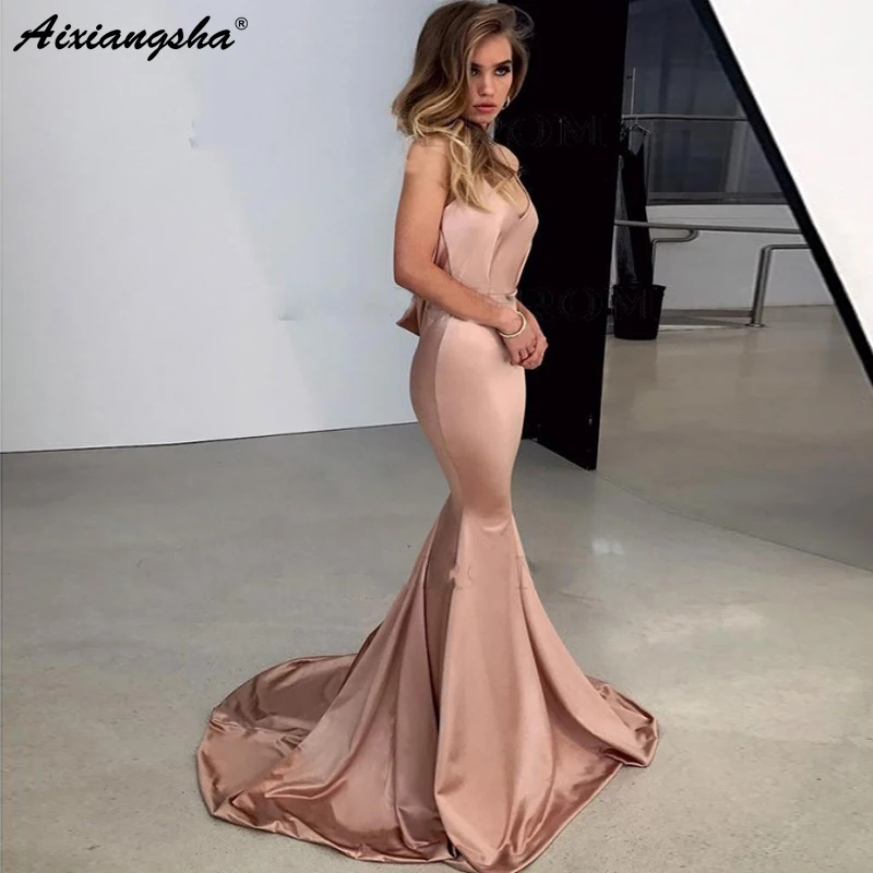 

New Spaghetti Straps Long Mermaid Prom Dress 2019 Sleeveless Sweep Train Elastic Satin Backless Champagne Evening Dress