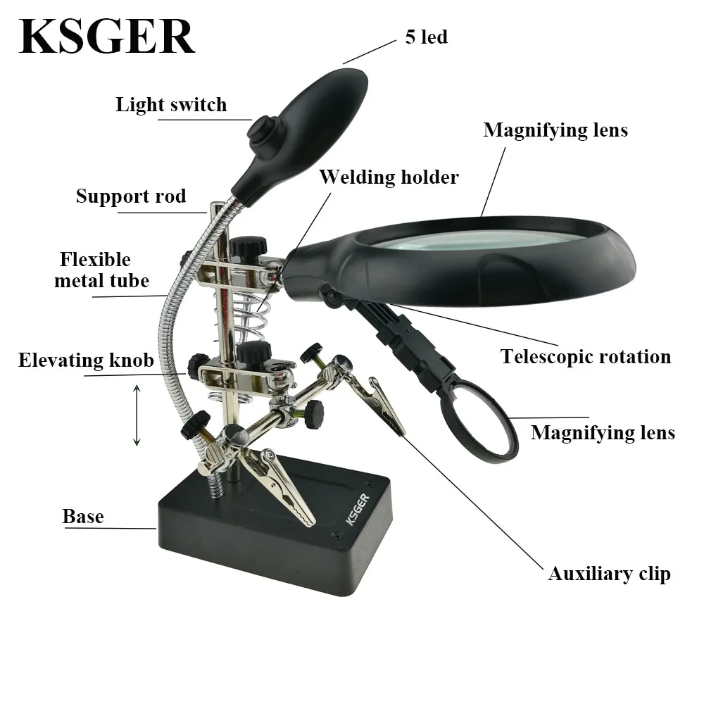 Светильник KSGER, лупа, лампа для сварки, инструменты для ремонта, зажим, Аллигатор, Вспомогательный зажим, подставка, Настольная паяльная станция, увеличительное устройство для телефона