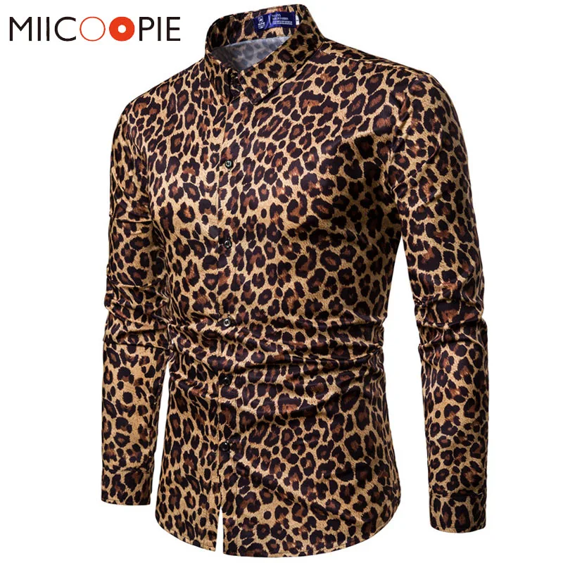 Vente Hommes tendance discothèque imprimé léopard Chemise de haute qualité à manches longues Chemise mâle décontracté fête Chemise Chemise Homme robe Chemise