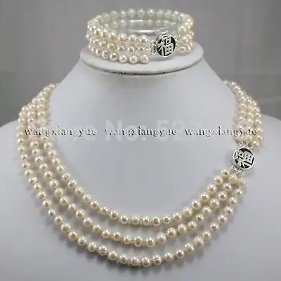 

Wholesale 3Rows 7-8mm White Akoya Cultured Pearl Silver Clasp Necklace Bracelet set (A0423) -Bride jewelry free shipping