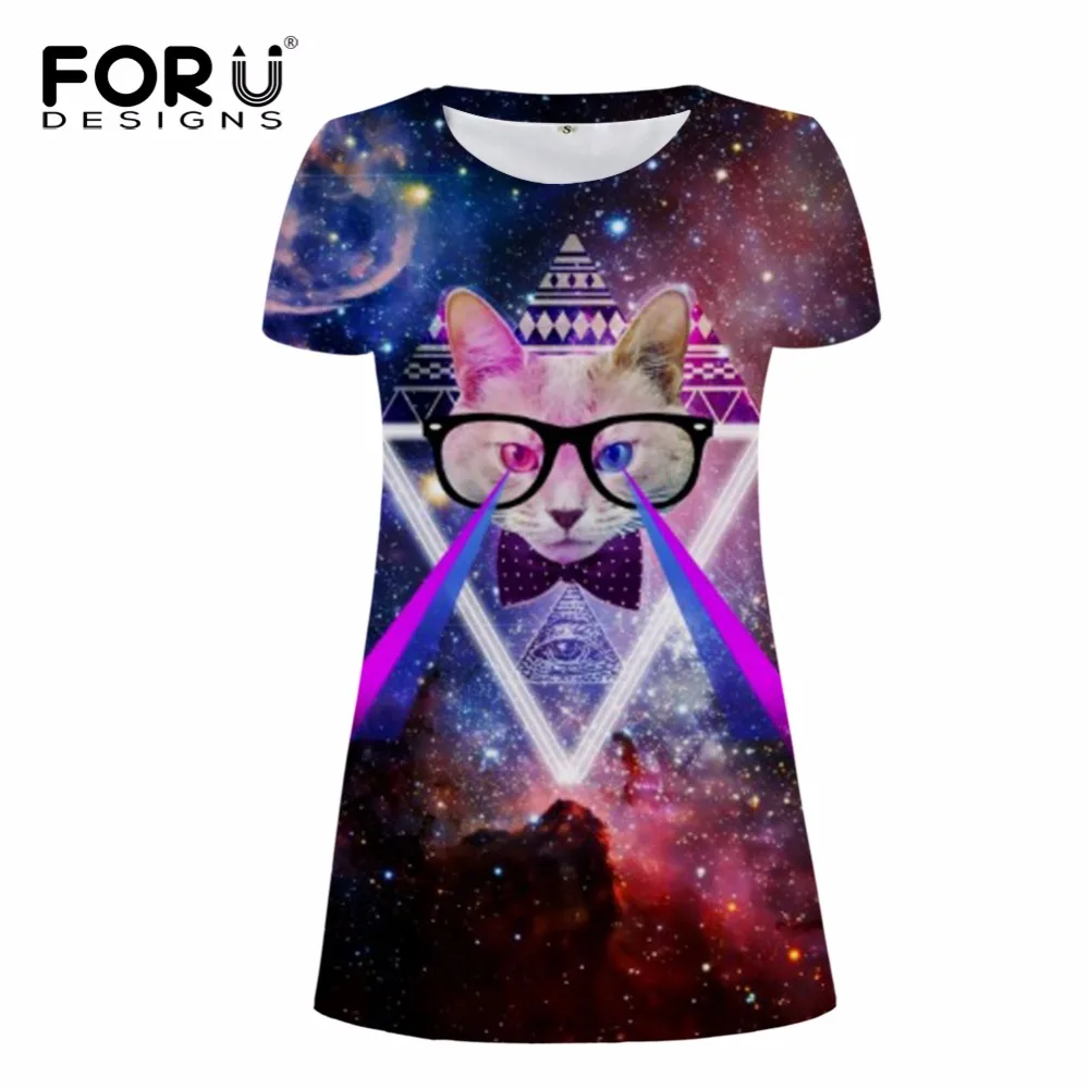 

FORUDESIGNS Supertar Colorful Women Dress 3D Galaxy Universe Space Women Summer Short Dress Cute Animal Cat Beach Dress Vestidos