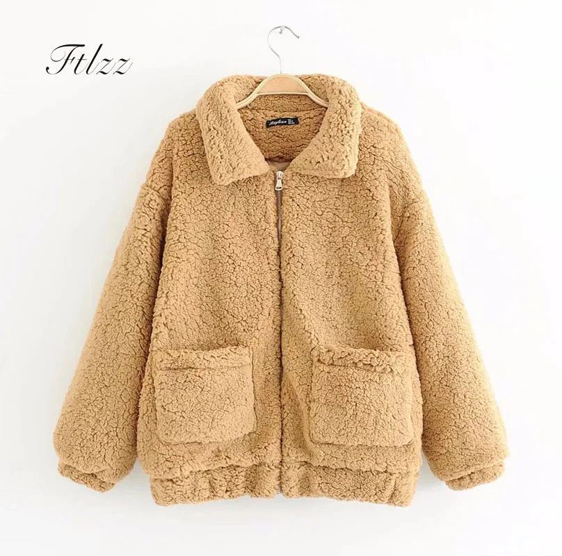 

Faux Lambs Jacket 2018 New Autumn Winter Women Casual Solid Long Sleeved Zipper Loose Short Coats Ladies Warm Outerwear Mujer