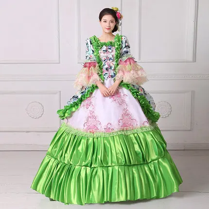 Luksusowe Fioletowy Zielony Kwadrat Kołnierz Długi Rozbłysk Rękaw Koronki Kwiaty Wzór Ruffles Marie Antoinette Długość Podłogi Długa Sukienki