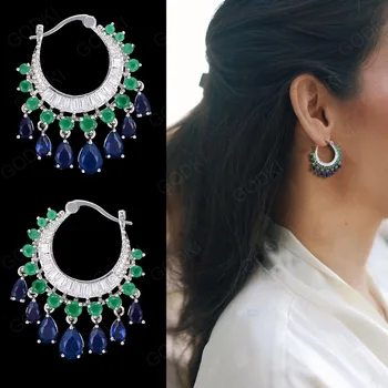 

GODK 34mm Elegant Water Drop Design Green Blue Full Mirco Cubic Zirconia Bridal Wedding Women Tassel Earring Fashion Jewelry