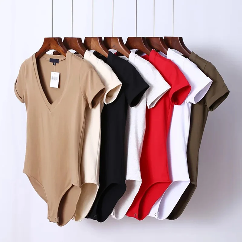 

Deep V Neck Sexy Women Bodysuits Short Sleeve Solid Bodycon Ladies Rompers 2019 Summer Fashion White Casual Female Jumpsuits