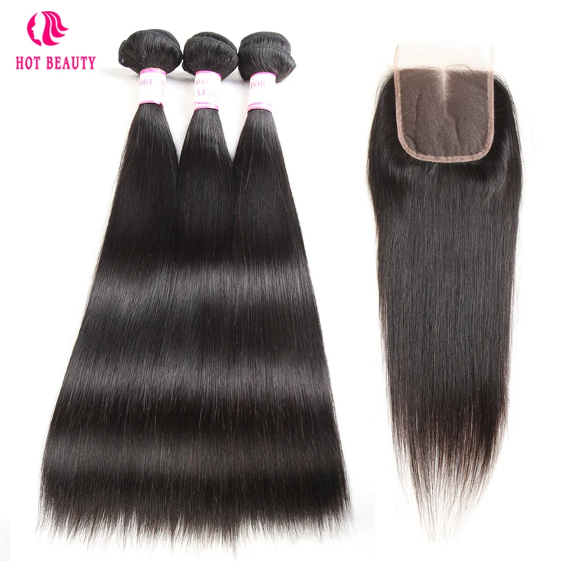 

Hot Beauty Hair Brazilian Remy Hair Weave Bundles Extension Straight Hair Human Hair Bundles With Closure 10-28 Inch Can Be Dyed