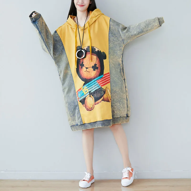 

2019 female new spring and autumn plus size cartoon mosaic hooded dress personality do-old slim slimming sweatershirt