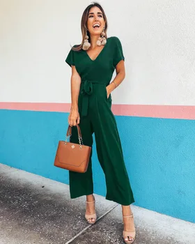 

Women Short-sleeved V-neck Jumpsuit Temperament Casual Wear Women Jumpsuits With Sleeves Woman Bodysuits 2019 Female Summer