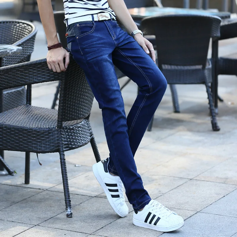 Синие джинсы Для мужчин стрейч кнопки Карманы Дизайн Slim Fit Тощий Повседневное