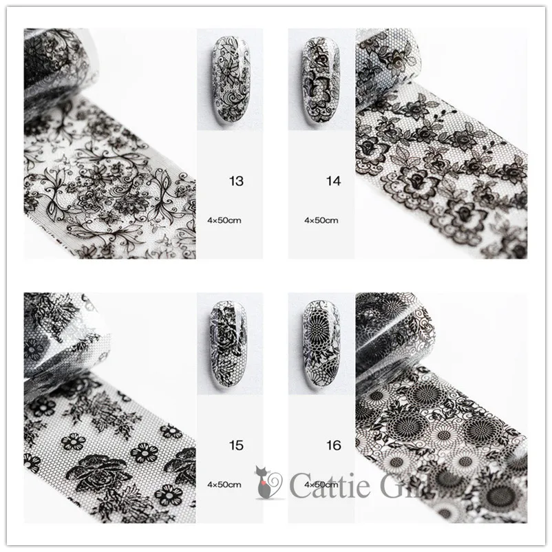 4*50 см 1 лист пленка для ногтей наклейки черные кружевные цветы дизайн ногтей Фольга цветок Маникюр для гель украшения для ногтей наклейки