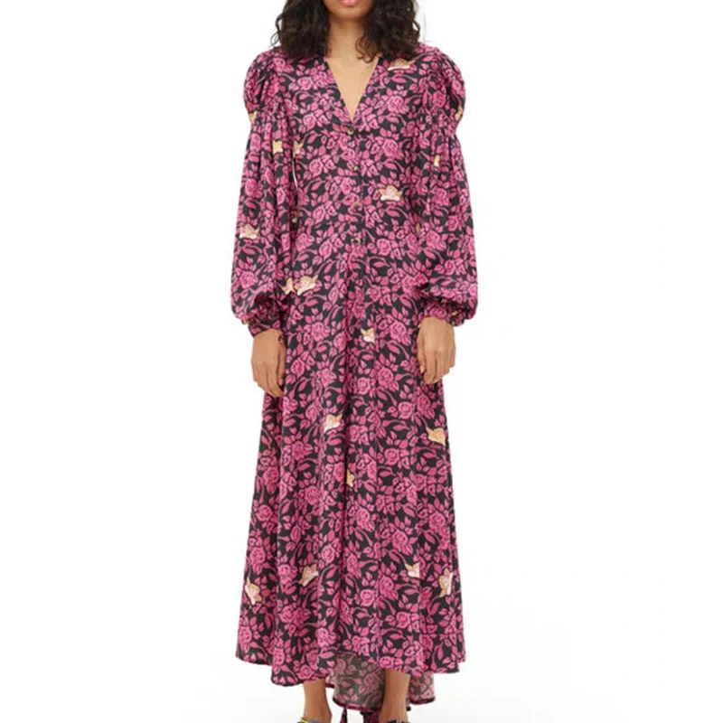 

HIGH QUALITY Newest 2019 Designer Runway Dress Women's Lantern Sleeve Gorgeous Floral Print Midi Dress