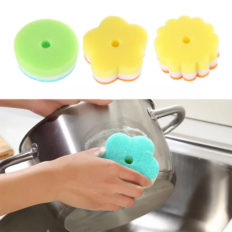 Sponges Scouring Pads 5pcs Flower Shape Sponge Brush Tableware Glass Wash Dishes Sponge Kitchen Home Cleaning Tool (4)