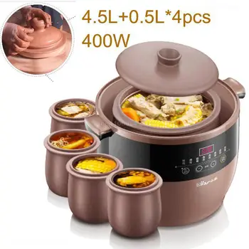 

4.5L Redware Electric Slow Cookers Ceramic Porridge Soup Stewing Cooker with 5 Pots Anti-dry Protection 9.5h Reservation