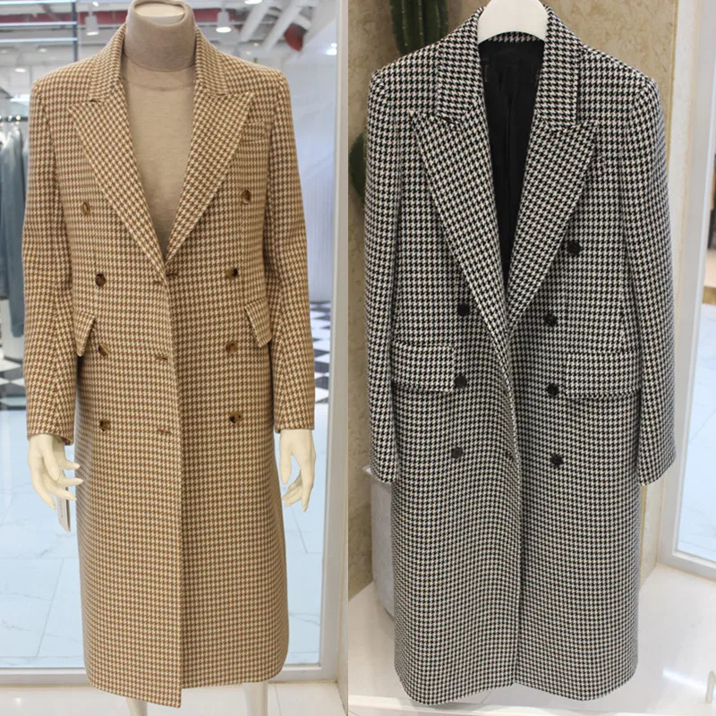 Осень зима шерстяной Хаундстут Cassic Простой шерстяной пояс шерстяное пальто Женская Длинная шерстяная Верхняя одежда A063