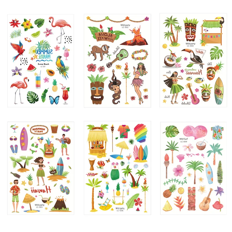 

WEIGAO Hawaiian Beach Party Water Proof Tattoo Stickers Fun Aloha Flamingo Theme Birthday Decor Kids Luau Party Temporary Tattoo